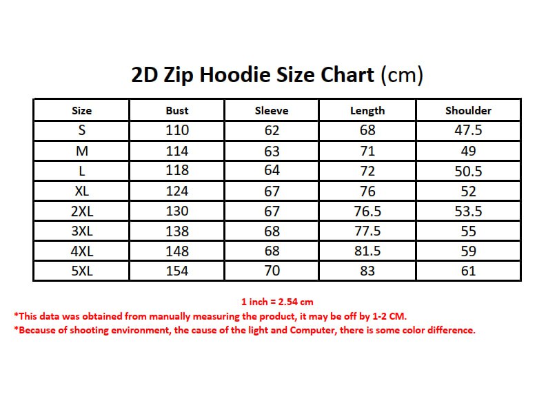 Quarter Zip Hoodie size chart in centimeters, sizes S to 5XL