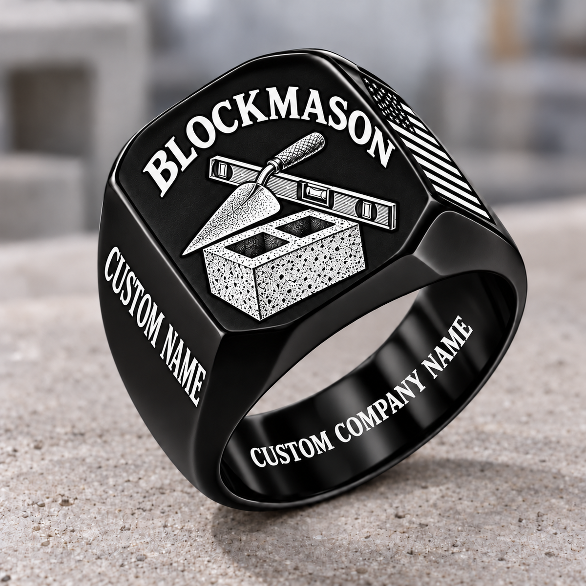 Personalized blockmason Classic Emblem signet ring in black, Custom Name and Custom Company Name