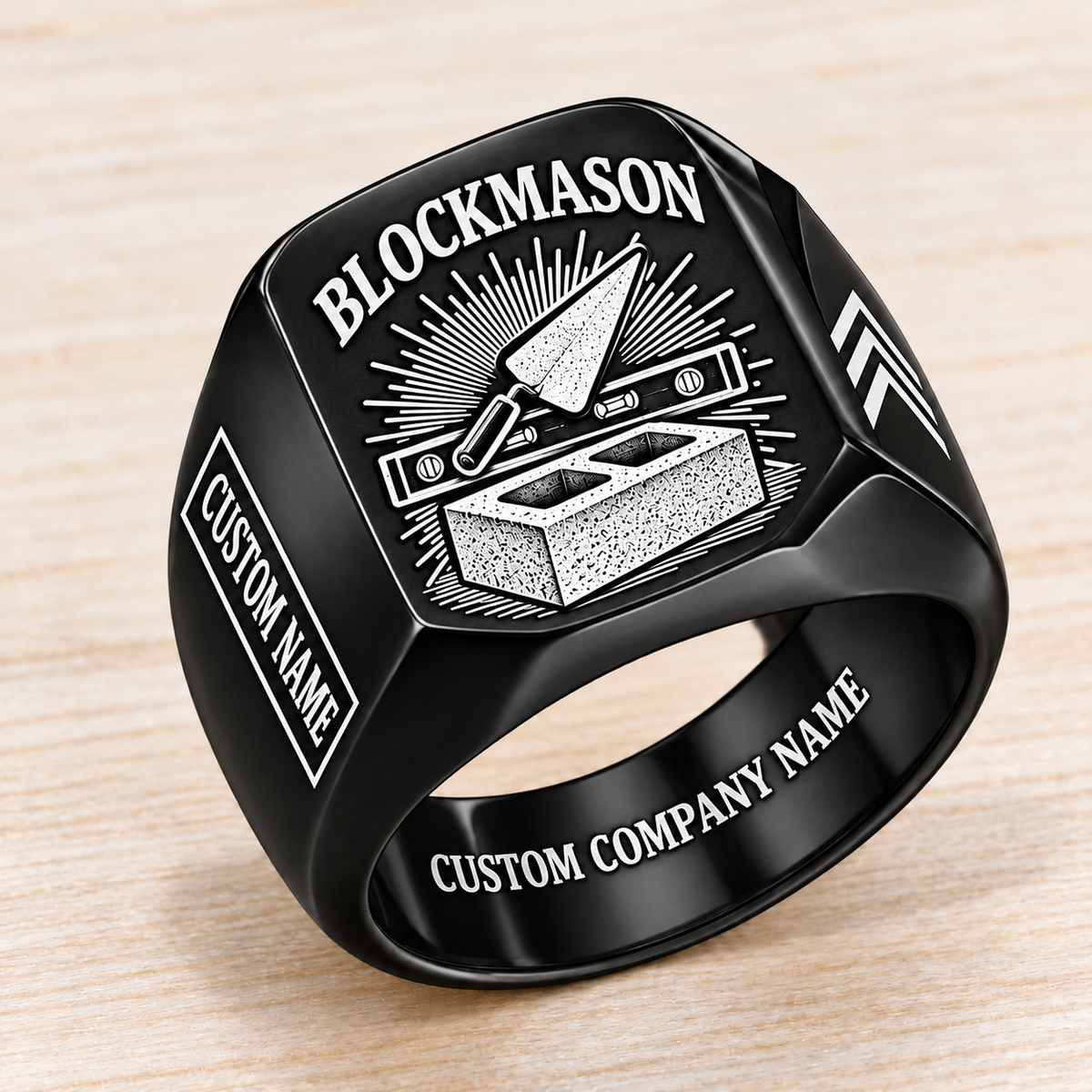 Personalized blockmason Sunburst Legacy signet ring in black, Custom Name and Custom Company Name