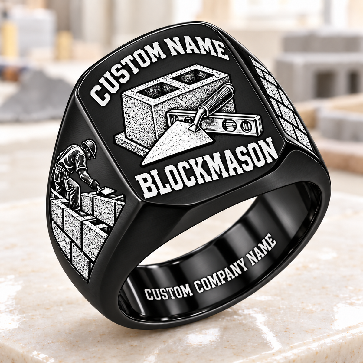 Personalized Blockmason Bold Lettering signet ring in black, Custom Name and Custom Company Name