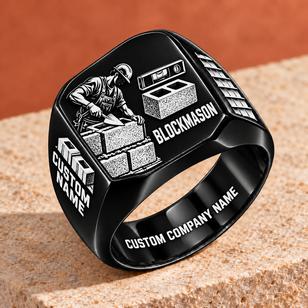 Personalized Blockmason Split Emblem signet ring in black, Custom Name and Custom Company Name