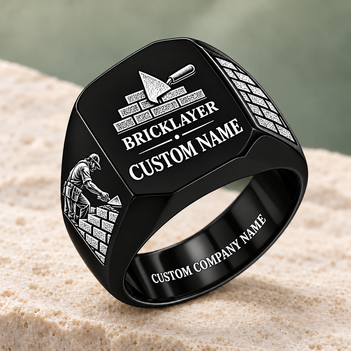 Personalized bricklayer Signature Crest signet ring in black, Custom Name and Custom Company Name
