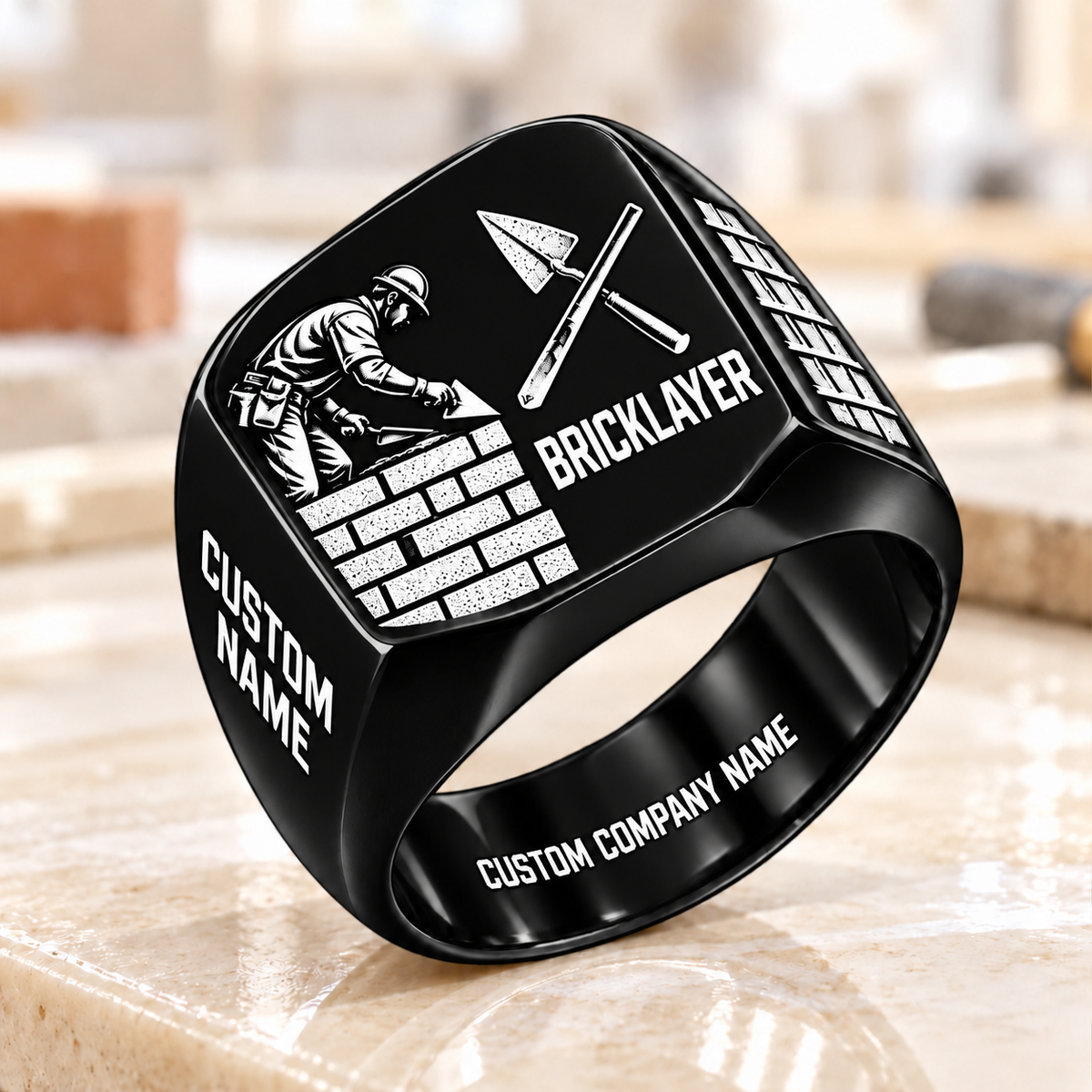 Personalized Bricklayer Split Emblem signet ring in black, Custom Name and Custom Company Name