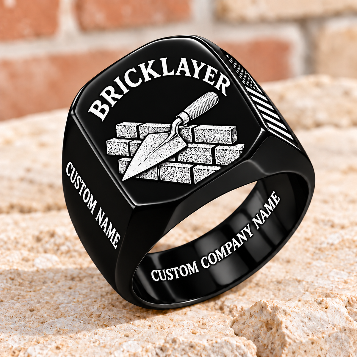Personalized Bricklayer Classic Emblem signet ring in black with trowel and brickwork, Custom Name and Custom Company Name
