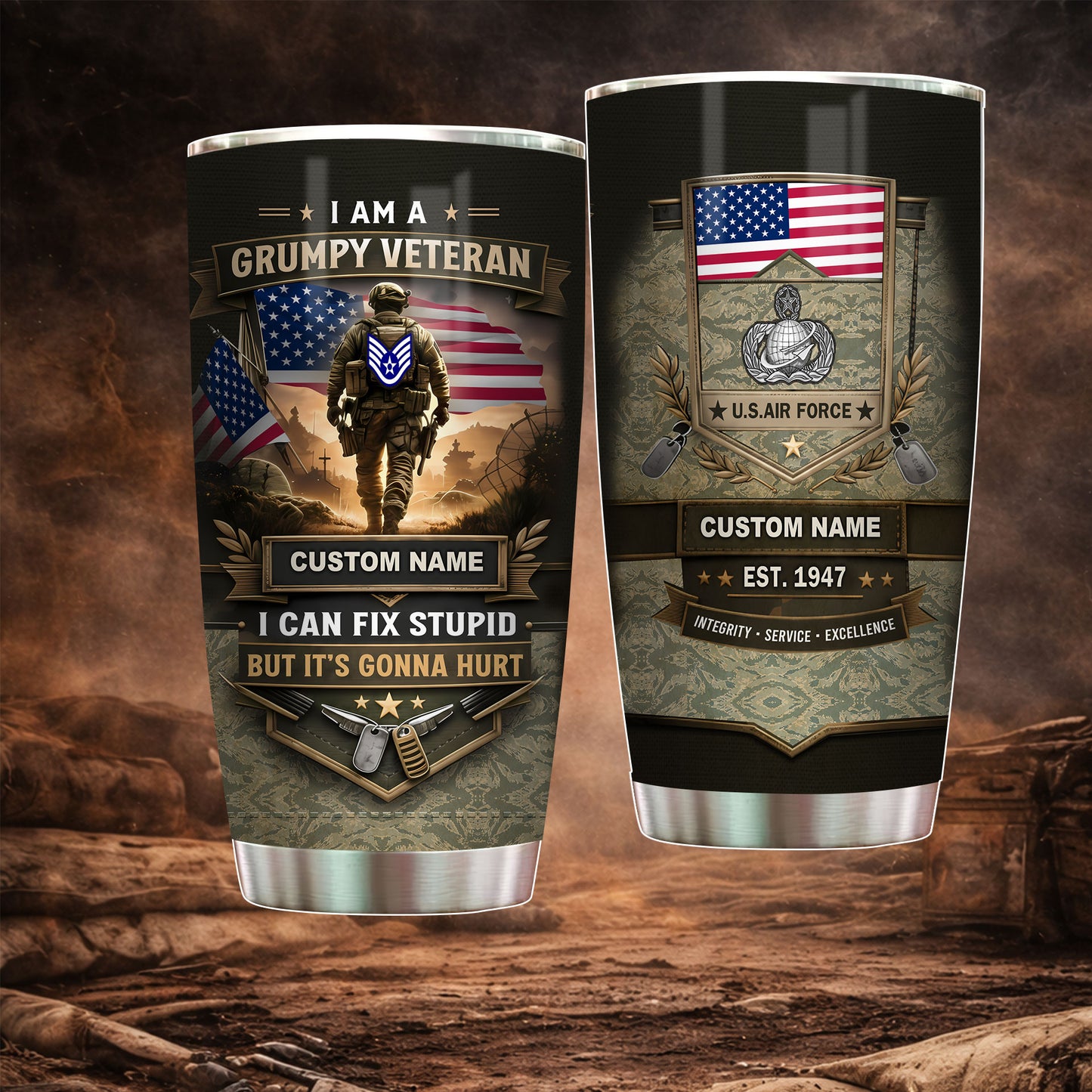Air Force Badge - Personalized US Veteran/ Soldier With Rank And Name Camo Tumbler - 17769024