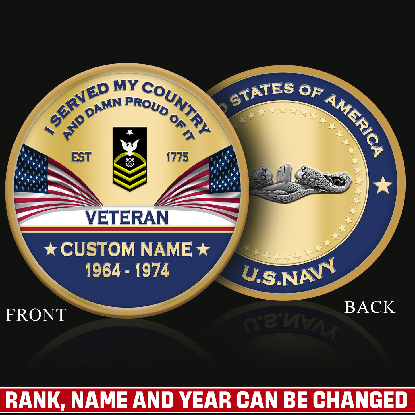 Navy Badge - Personalized US Veteran/ Soldier With Rank, Name And Year Challenge Coin - 1775779203
