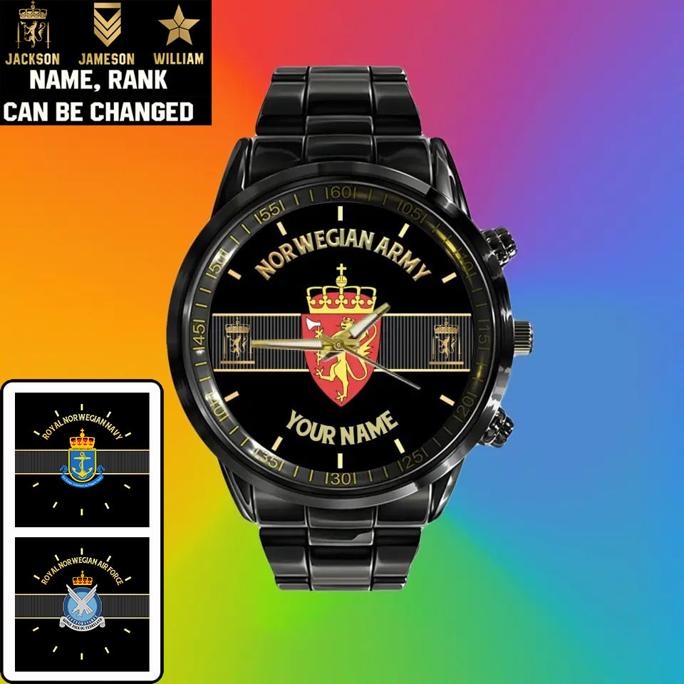 Personalisierte norwegische Soldat/Veteran mit Namen und Rang schwarze Edelstahluhr - 0703240001 - Goldversion