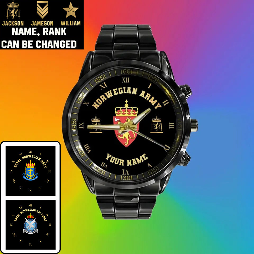 Personalisierte norwegische Soldat/Veteran mit Namen und Rang schwarze Edelstahluhr - 0803240001 - Goldversion