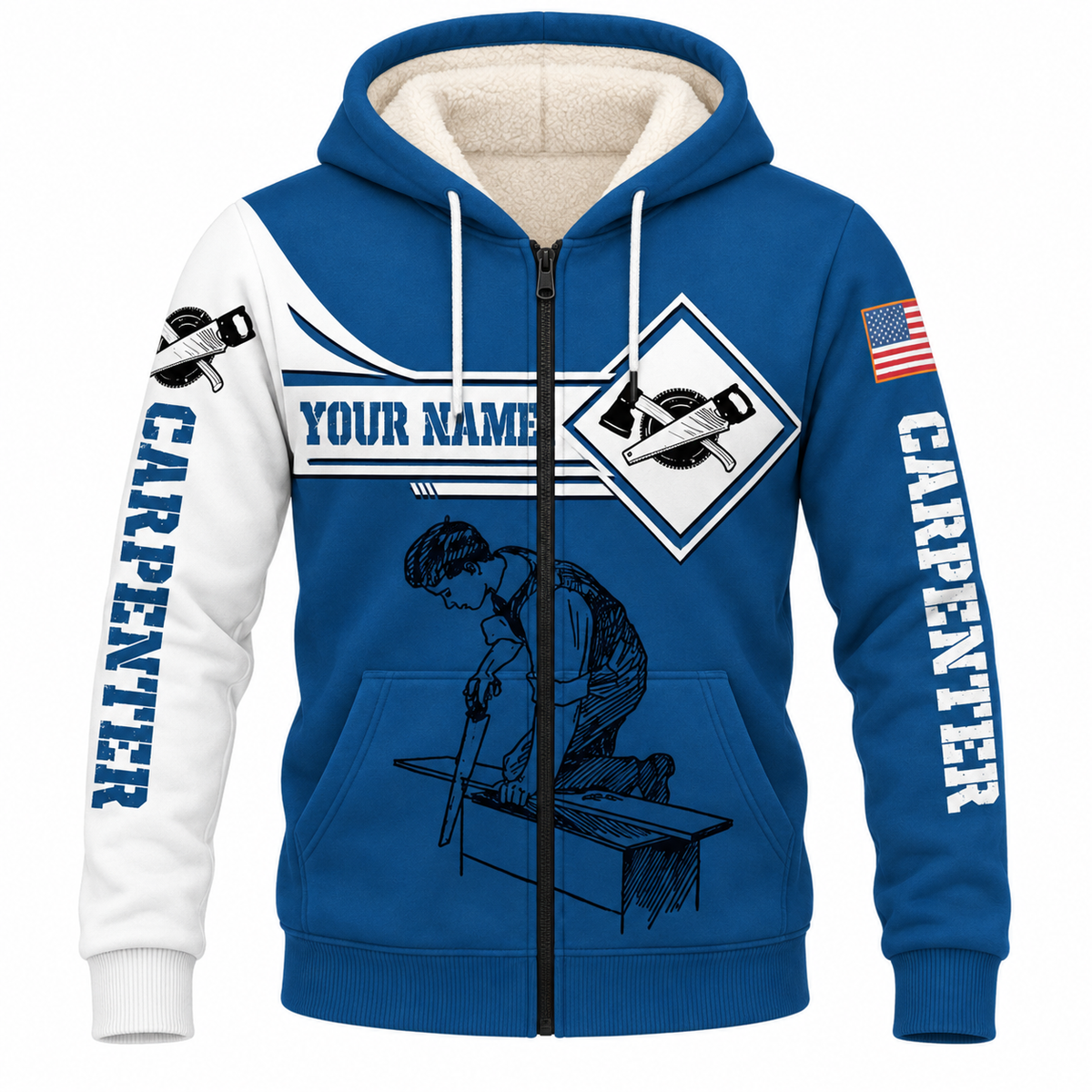 Personalized Carpenter Fleece Zip Hoodie - Blue White Saw Badge, front view