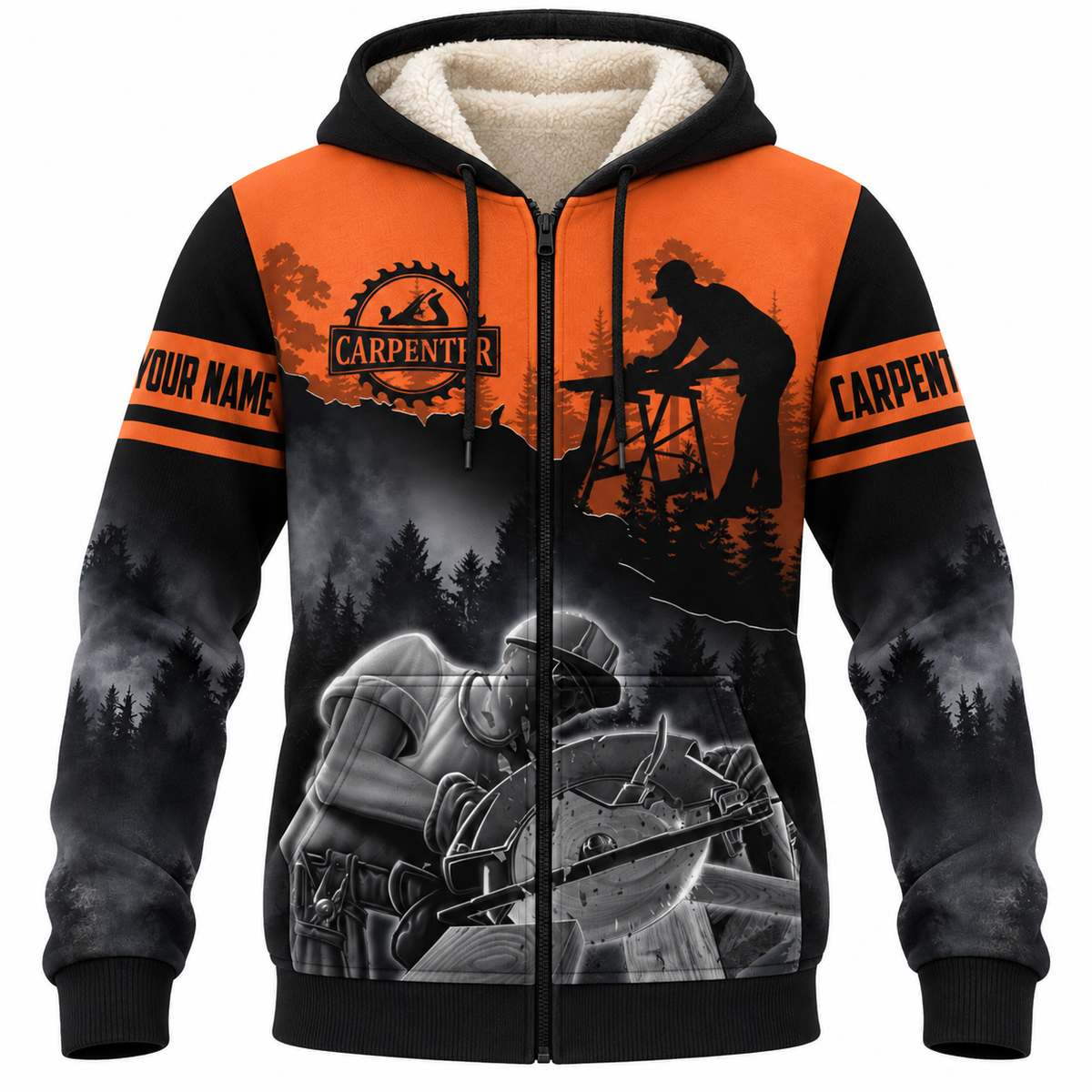 Personalized Carpenter Fleece Zip Hoodie - Orange Black Workshop Scene, front view