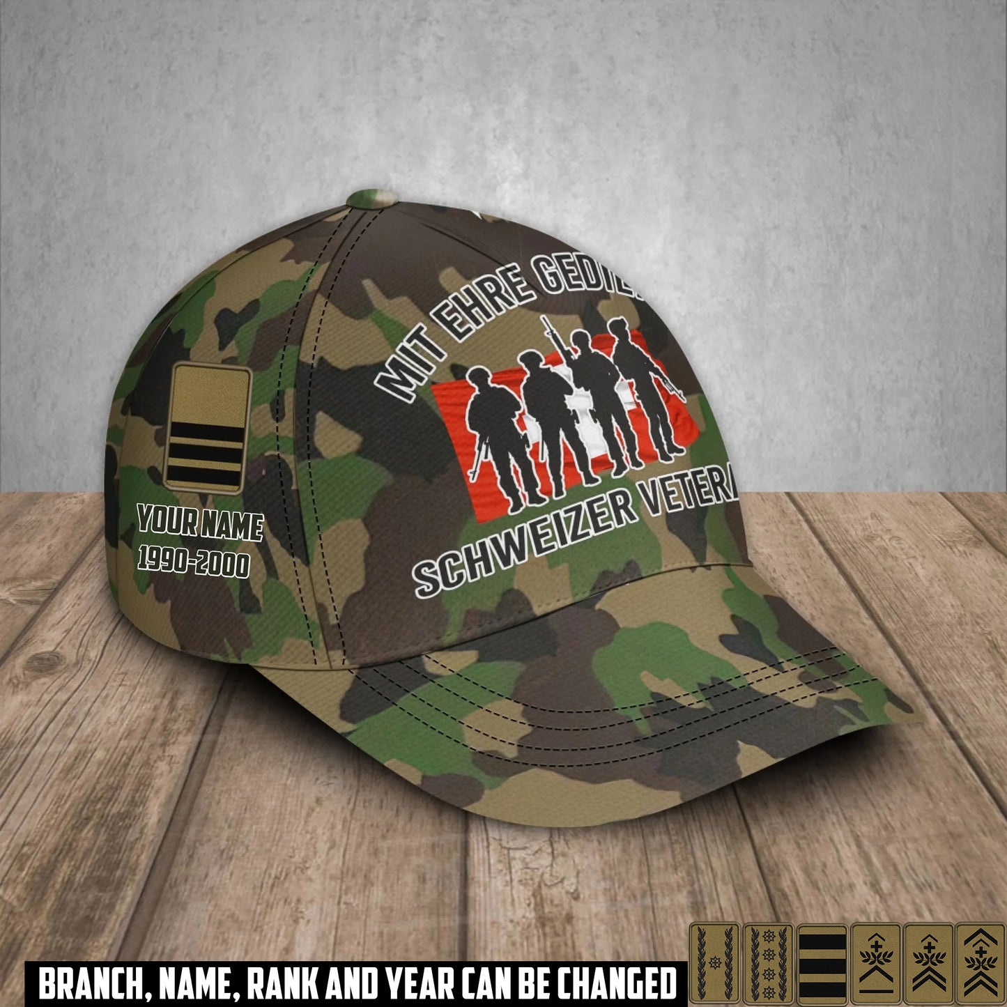 Personalized Rank, Year And Name Swiss Soldier/Veterans Camo Baseball Cap - 17676576