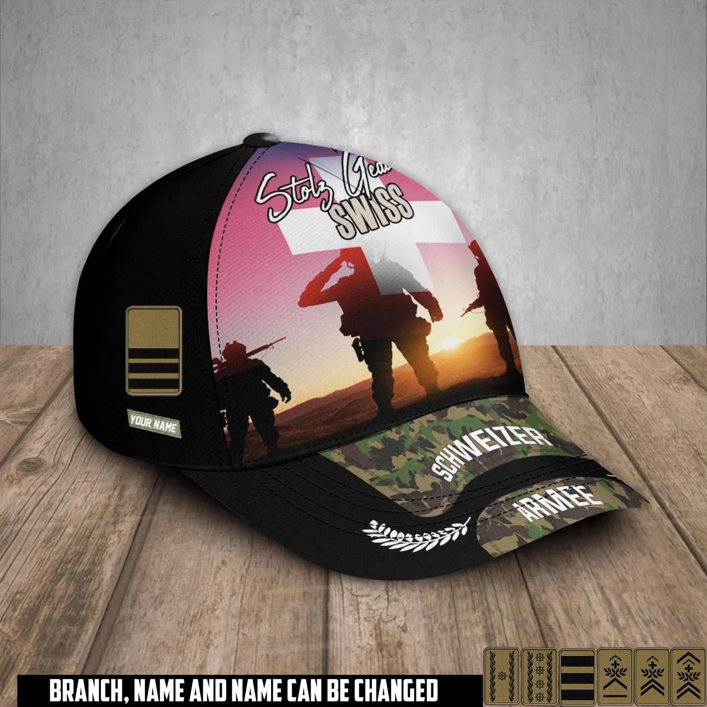 Personalized Rank And Name Swiss Soldier/Veterans Camo Baseball Cap - 17680032
