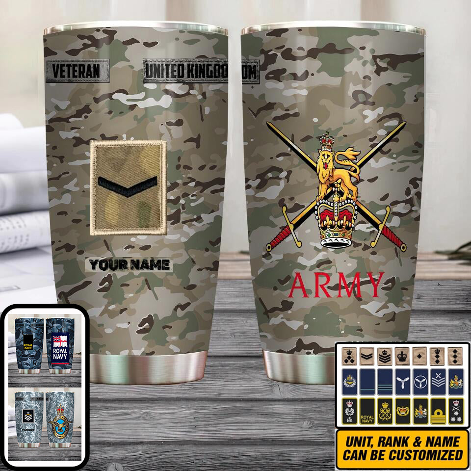 Personalized United Kingdom Veteran/ Soldier With Rank And Name Camo Tumbler All Over Printed - 17068320