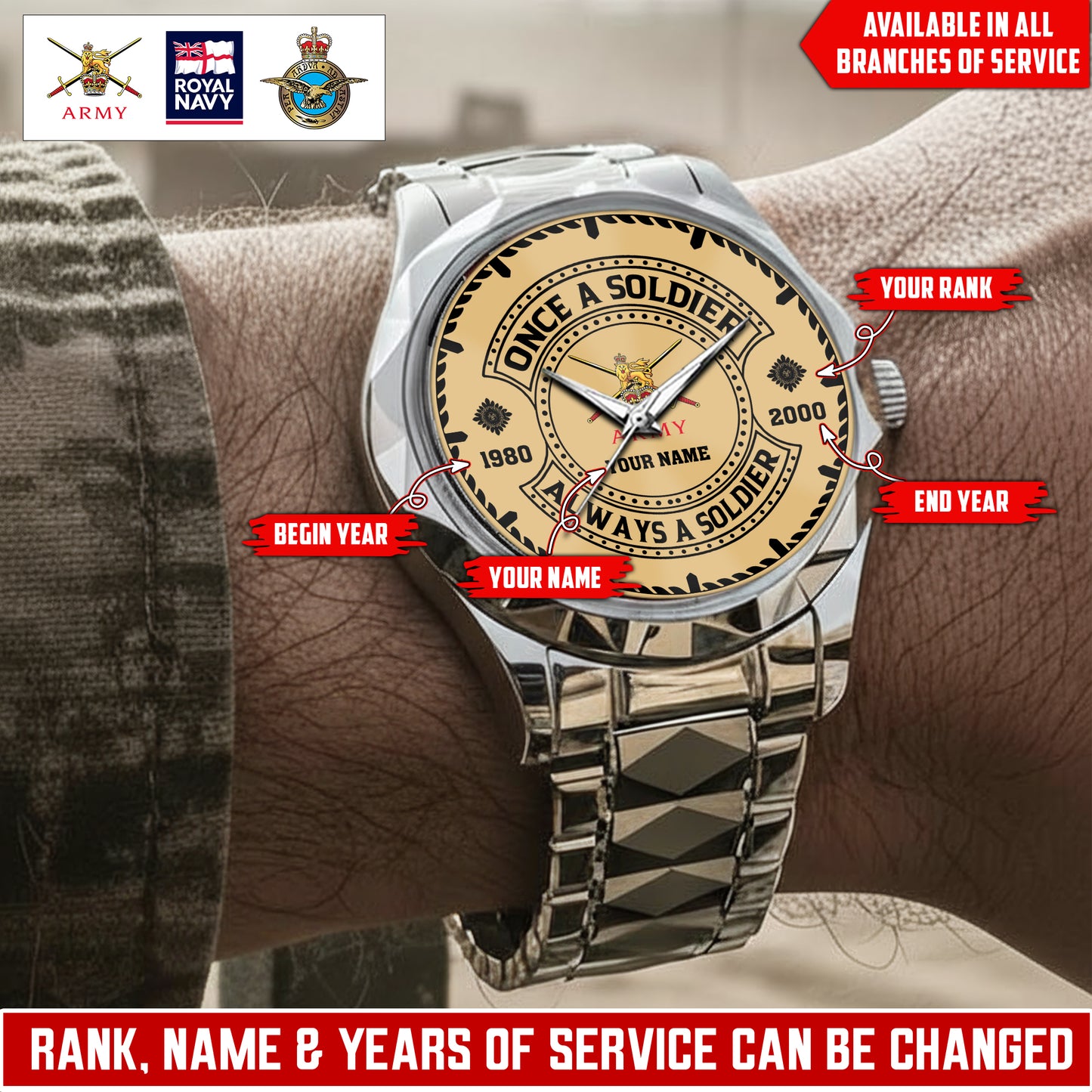 Personalized UK Soldier/Veteran with Name, Year and Rank Diamond-Cut Bezel Watch - 1761264004