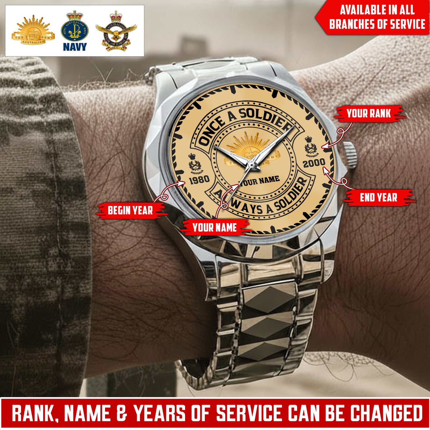 Personalized Australia Soldier/Veteran with Name, Year and Rank Diamond-Cut Bezel Watch - 1761264004