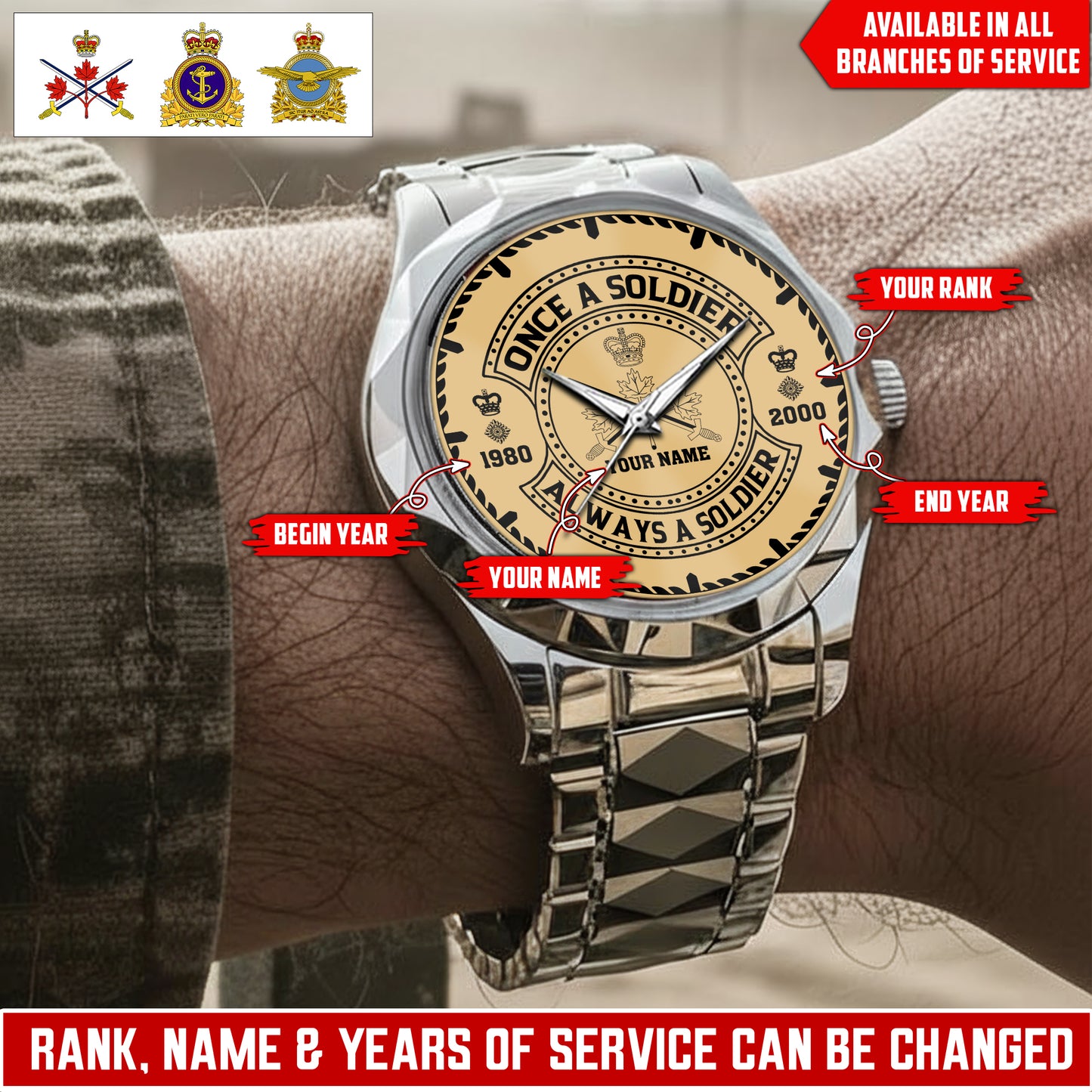 Personalized Canada Soldier/Veteran with Name, Year and Rank Diamond-Cut Bezel Watch - 1761264004