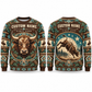 Personalized Bull Rider Holiday Crest All-Over Print Crewneck Sweater: front and back design mockups with CUSTOM NAME and SINCE 2000