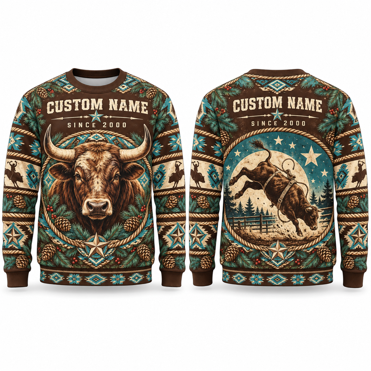 Personalized Bull Rider Holiday Crest All-Over Print Crewneck Sweater: front and back design mockups with CUSTOM NAME and SINCE 2000