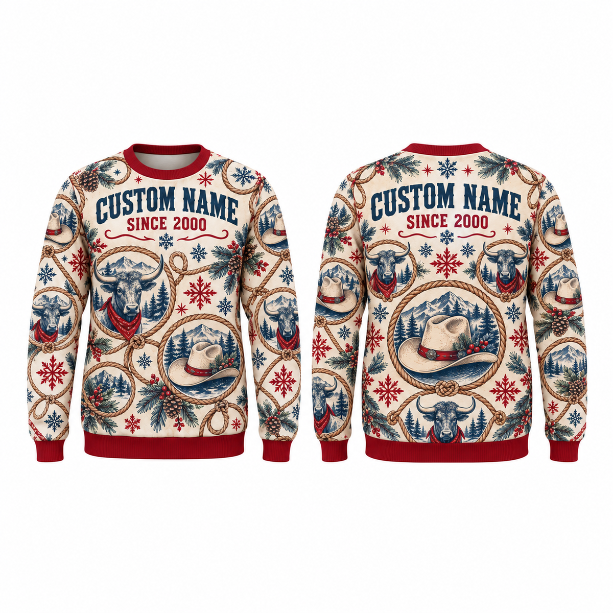 Personalized Rodeo Holiday Medallions All-Over Print Crewneck Sweater: front and back design mockups with CUSTOM NAME and SINCE 2000