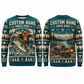 Personalized Bull Rider Gone Fishing Christmas All-Over Print Crewneck Sweater: front and back design mockups with CUSTOM NAME and SINCE 2000
