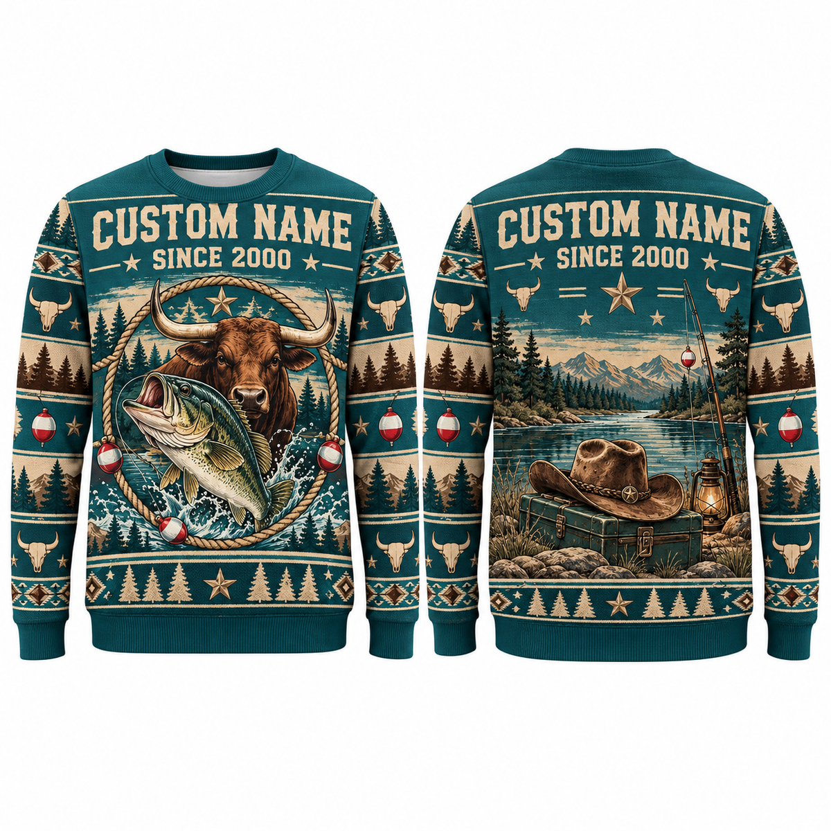 Personalized Bull Rider Gone Fishing Christmas All-Over Print Crewneck Sweater: front and back design mockups with CUSTOM NAME and SINCE 2000
