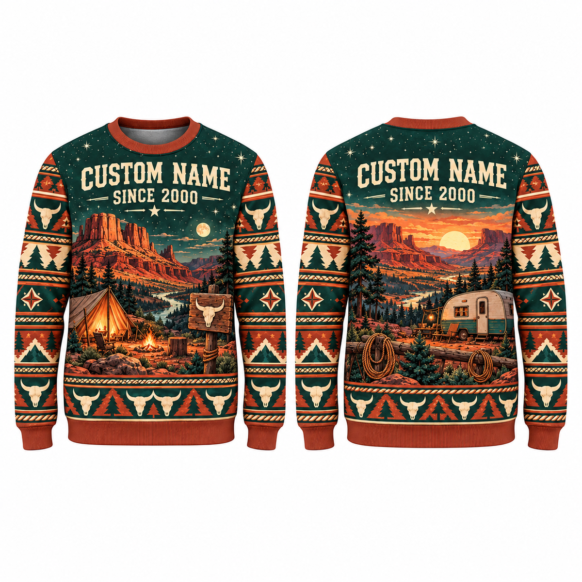 Personalized Bull Rider Camp Trail All-Over Print Crewneck Sweater: front and back design mockups with CUSTOM NAME and SINCE 2000
