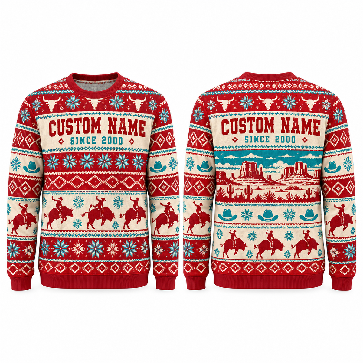 Personalized Bull Rider Fair Isle Christmas All-Over Print Crewneck Sweater: front and back design mockups with CUSTOM NAME and SINCE 2000