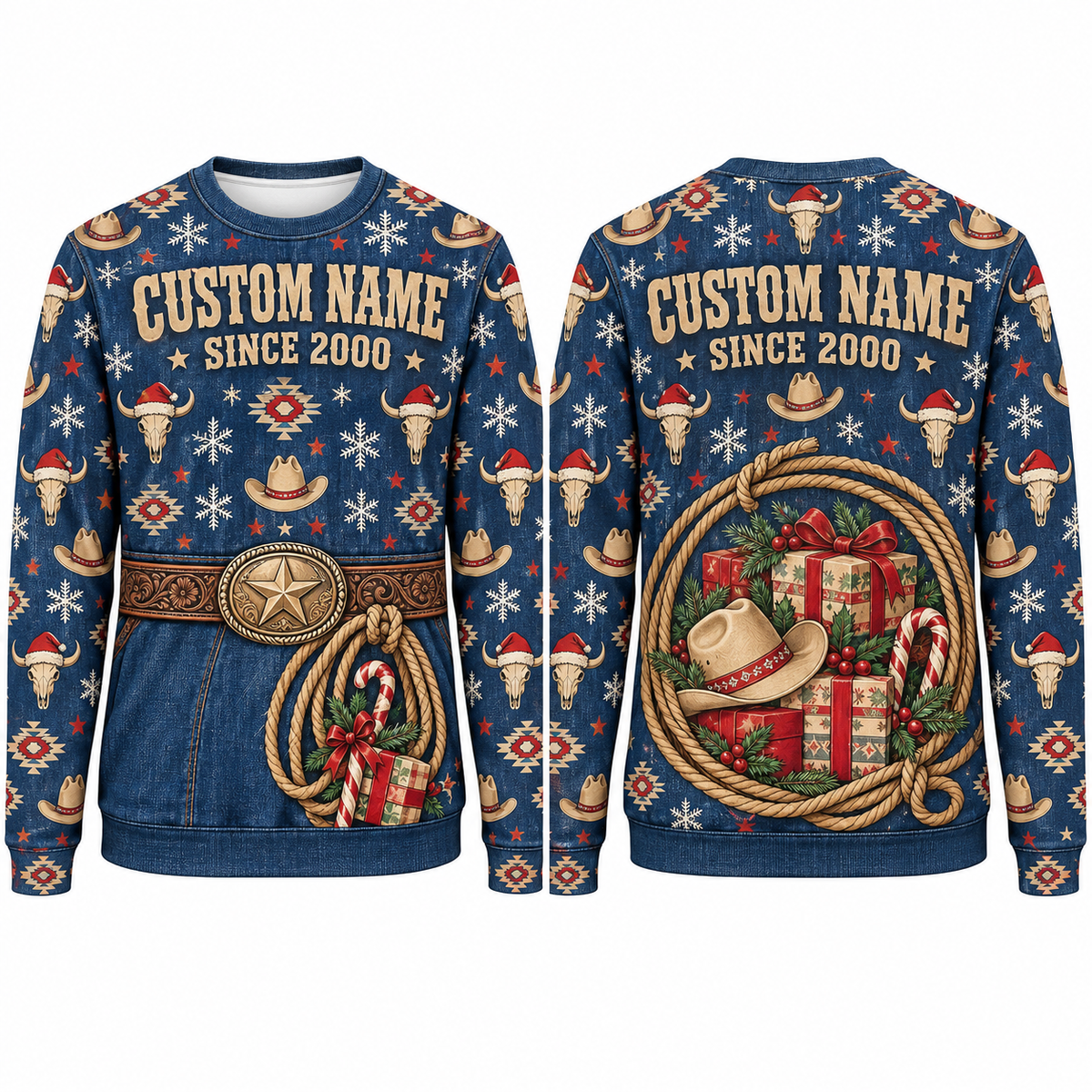 Personalized Rodeo Holiday Gift Belt All-Over Print Crewneck Sweater: front and back design mockups with CUSTOM NAME and SINCE 2000