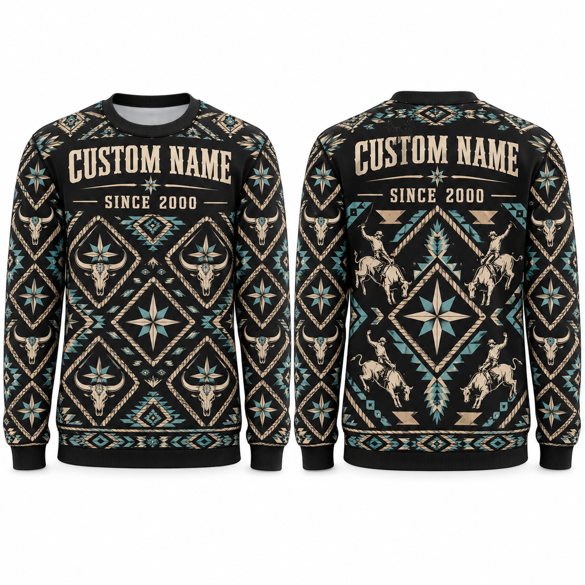 Personalized Bull Rider Western Repeat All-Over Print Crewneck Sweater: front and back design mockups with CUSTOM NAME and SINCE 2000