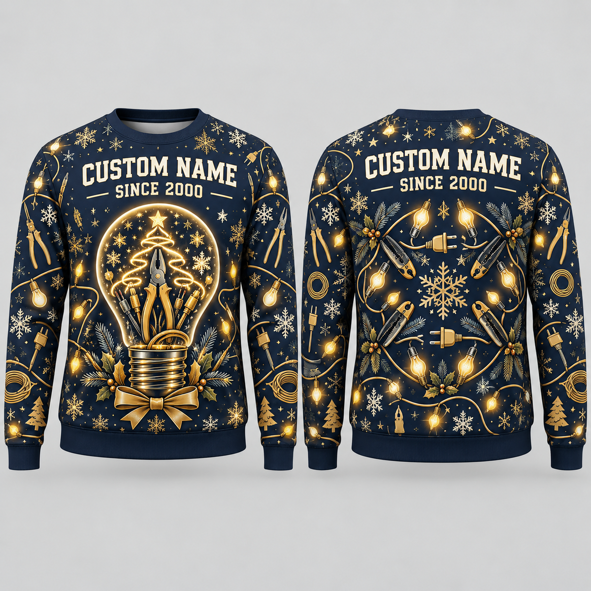 Personalized Electrician Holiday Glow All-Over Print Crewneck Sweater: front and back design mockups with CUSTOM NAME and SINCE 2000