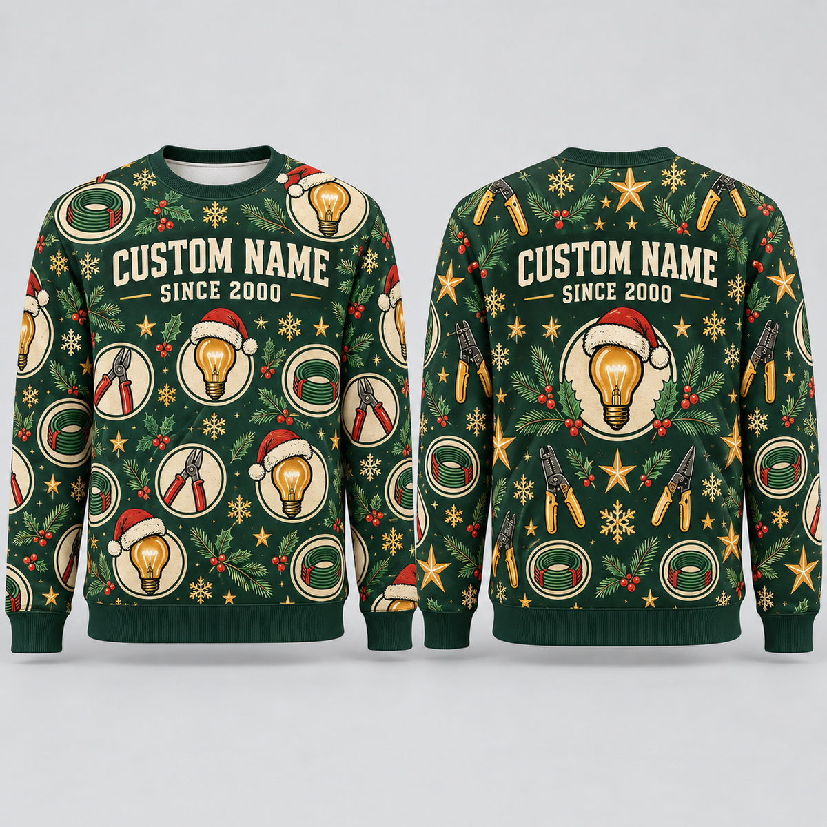 Personalized Electric Crew Holiday Repeat All-Over Print Crewneck Sweater: front and back design mockups with CUSTOM NAME and SINCE 2000