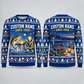 Personalized Electrician Gone Fishing Christmas All-Over Print Crewneck Sweater: front and back design mockups with CUSTOM NAME and SINCE 2000