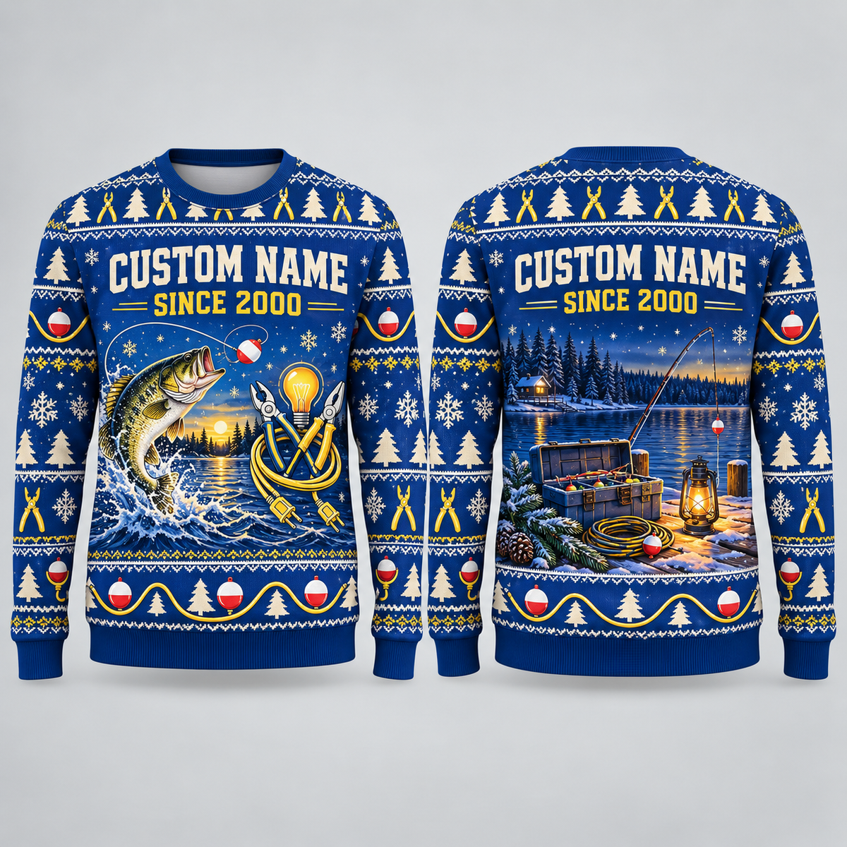 Personalized Electrician Gone Fishing Christmas All-Over Print Crewneck Sweater: front and back design mockups with CUSTOM NAME and SINCE 2000