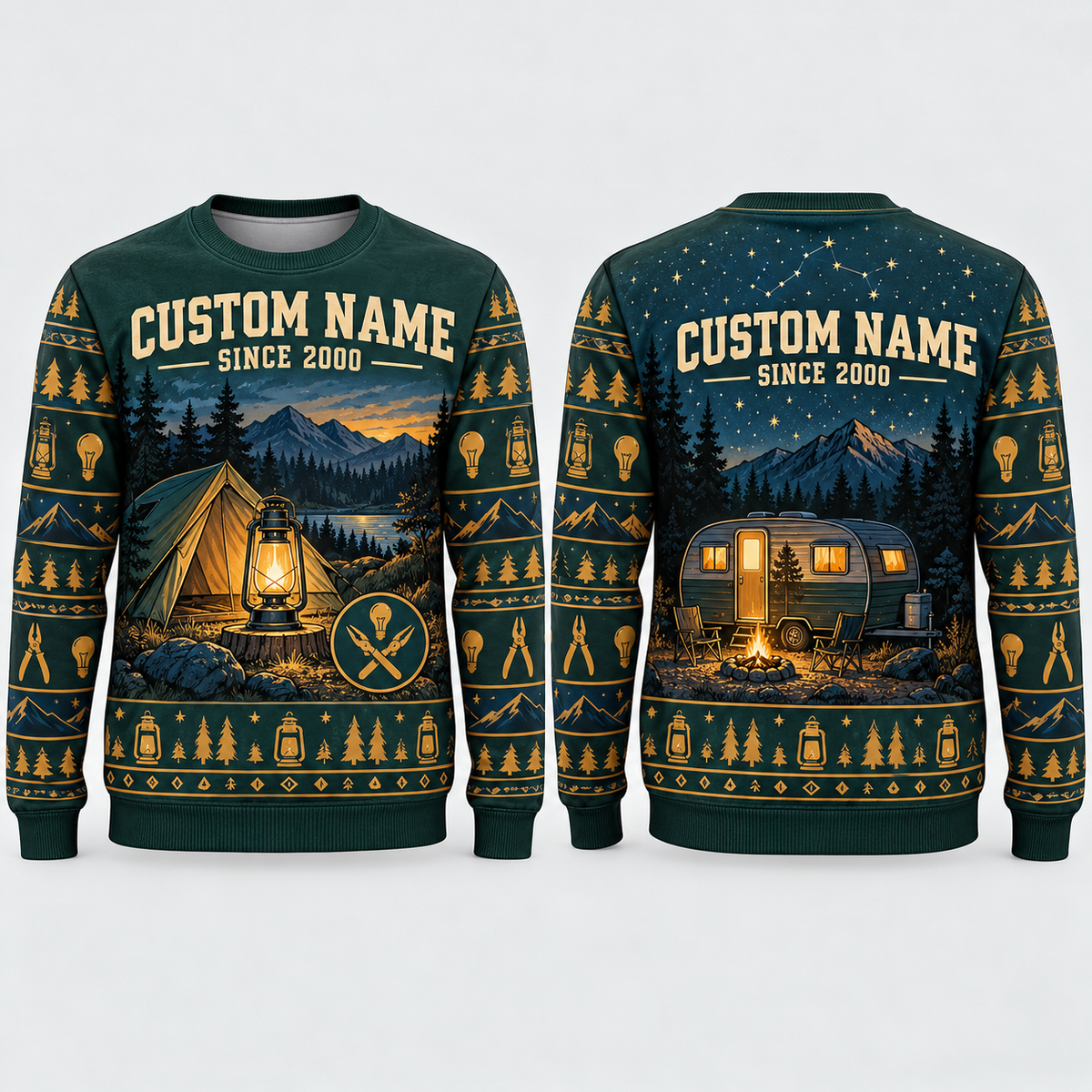 Personalized Electrician Camp Lantern All-Over Print Crewneck Sweater: front and back design mockups with CUSTOM NAME and SINCE 2000