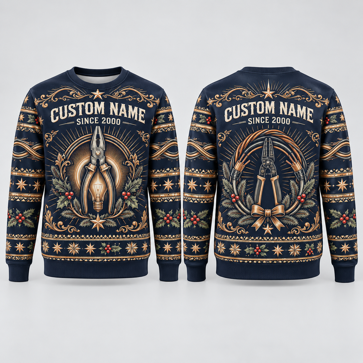 Personalized Electrician Heritage Holiday All-Over Print Crewneck Sweater: front and back design mockups with CUSTOM NAME and SINCE 2000