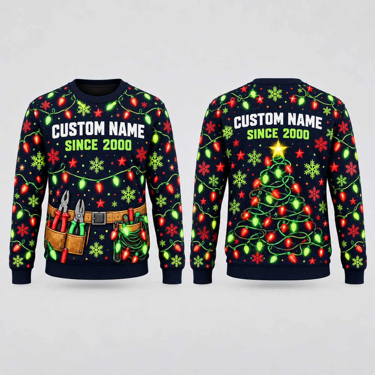 Personalized Electrician Holiday Cable Mix All-Over Print Crewneck Sweater: front and back design mockups with CUSTOM NAME and SINCE 2000