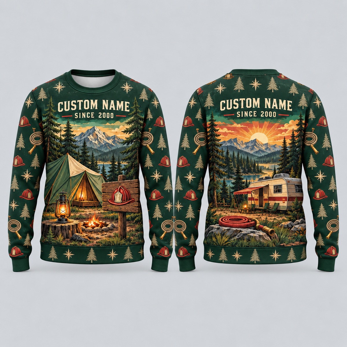 Personalized Firefighter Camp Weekend All-Over Print Crewneck Sweater: front and back design mockups with CUSTOM NAME and SINCE 2000