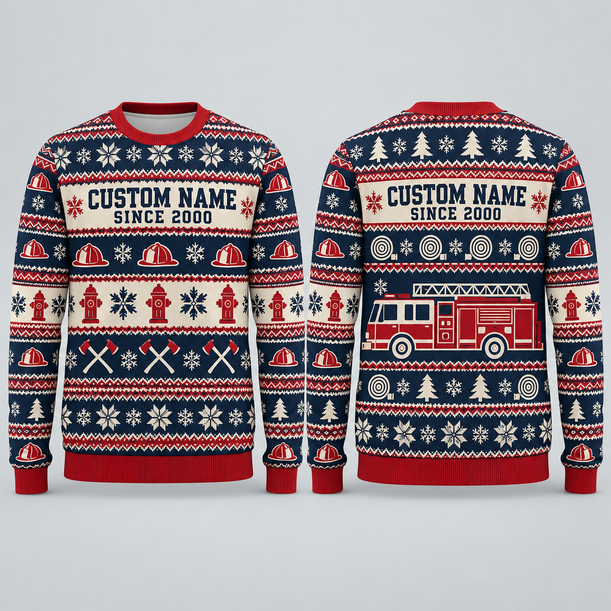 Personalized Firefighter Fair Isle Christmas All-Over Print Crewneck Sweater: front and back design mockups with CUSTOM NAME and SINCE 2000
