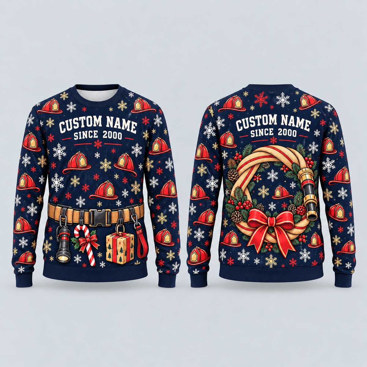 Personalized Firehouse Holiday Gift Shift All-Over Print Crewneck Sweater: front and back design mockups with CUSTOM NAME and SINCE 2000