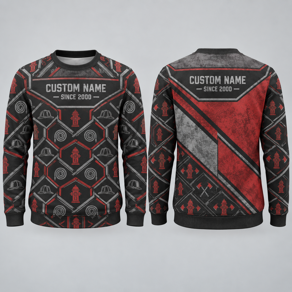 Personalized Firefighter Station Geometry All-Over Print Crewneck Sweater: front and back design mockups with CUSTOM NAME and SINCE 2000