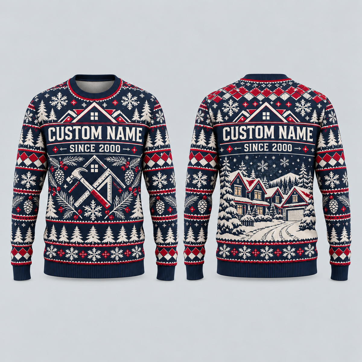 Personalized Roofline Holiday All-Over Print Crewneck Sweater: front and back design mockups with CUSTOM NAME and SINCE 2000
