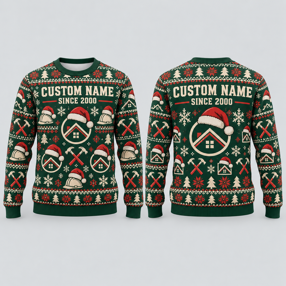 Personalized Roof Crew Holiday Repeat All-Over Print Crewneck Sweater: front and back design mockups with CUSTOM NAME and SINCE 2000