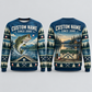 Personalized Roofer Gone Fishing Christmas All-Over Print Crewneck Sweater: front and back design mockups with CUSTOM NAME and SINCE 2000