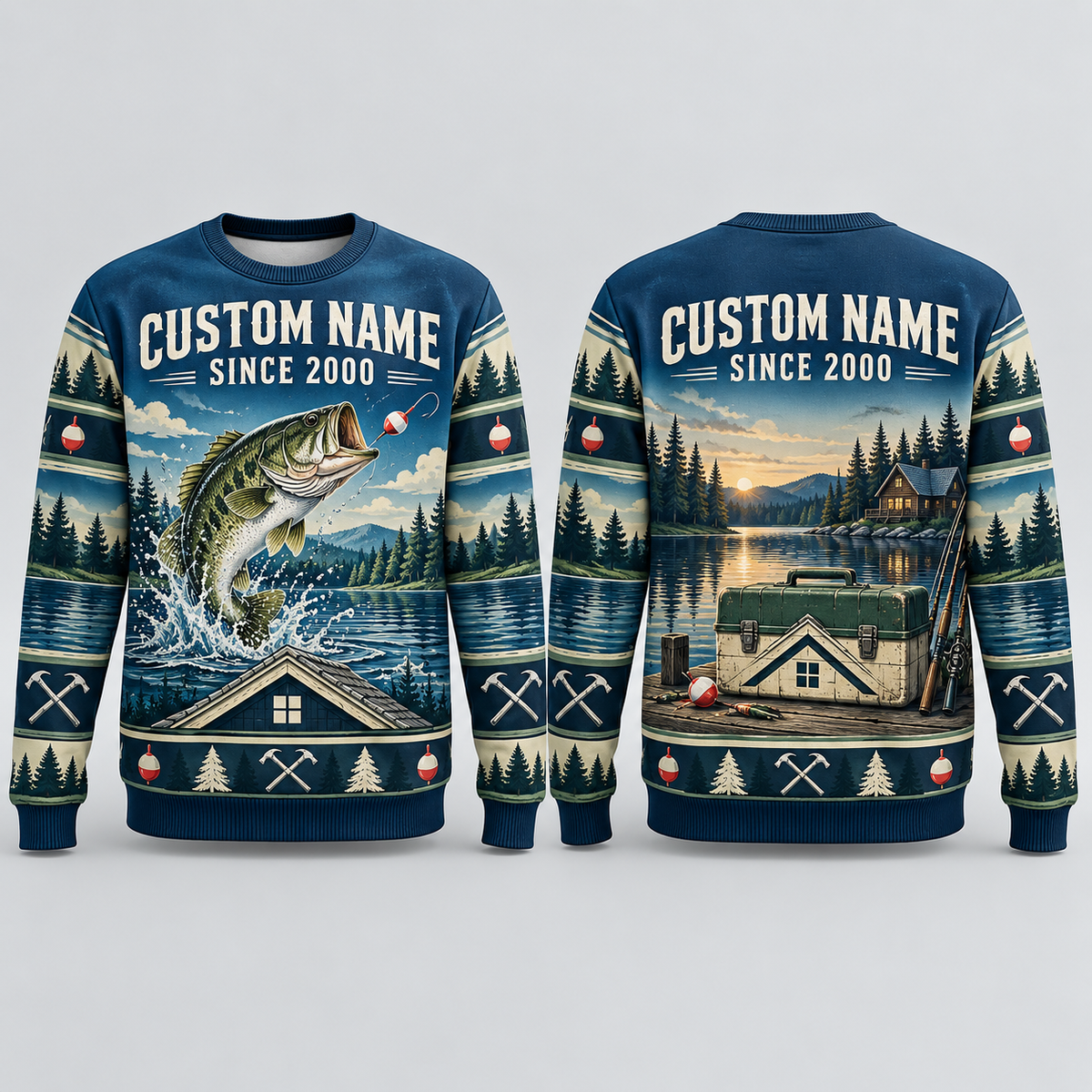 Personalized Roofer Gone Fishing Christmas All-Over Print Crewneck Sweater: front and back design mockups with CUSTOM NAME and SINCE 2000