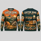 Personalized Roofline Camp Weekend All-Over Print Crewneck Sweater: front and back design mockups with CUSTOM NAME and SINCE 2000