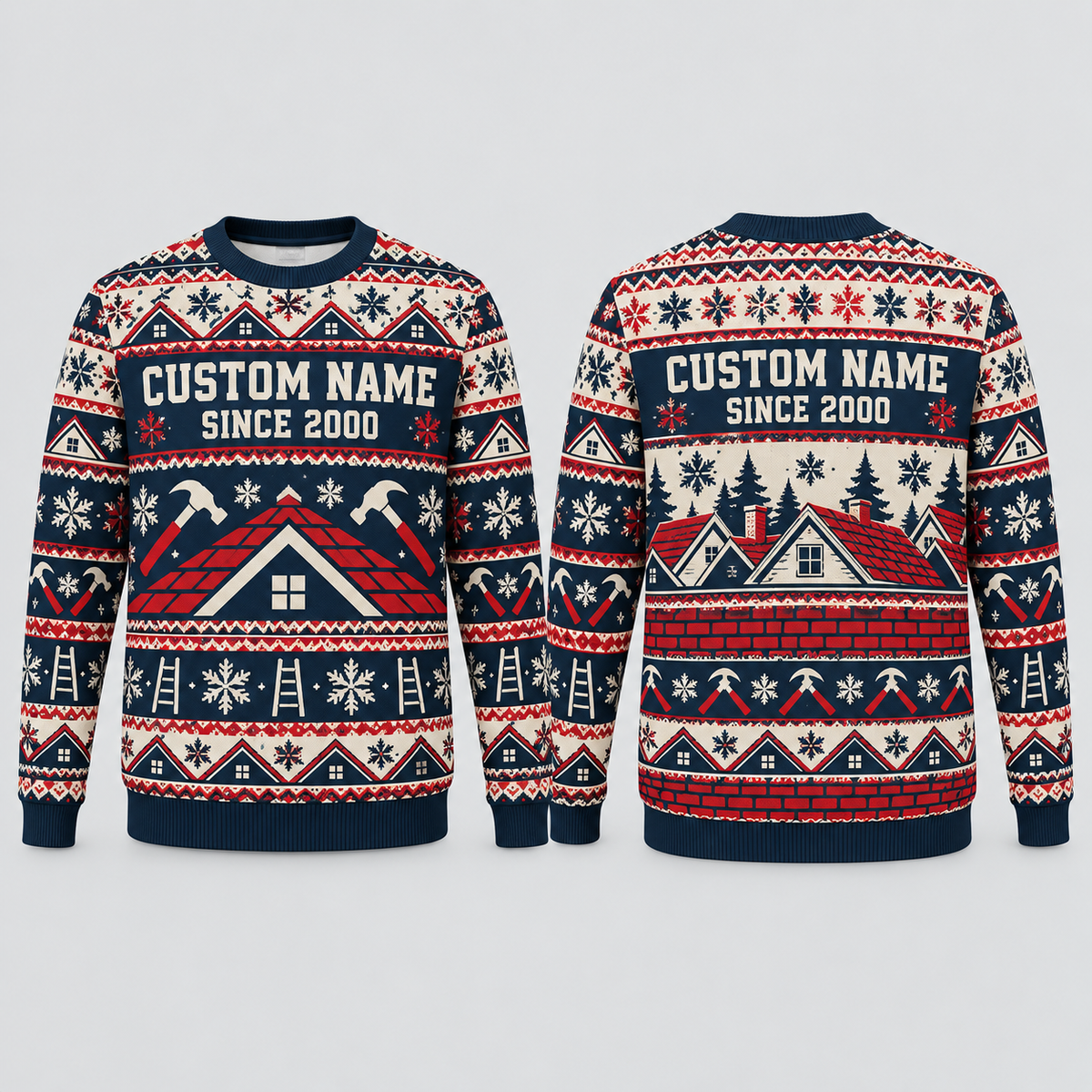 Personalized Roofer Fair Isle Christmas All-Over Print Crewneck Sweater: front and back design mockups with CUSTOM NAME and SINCE 2000