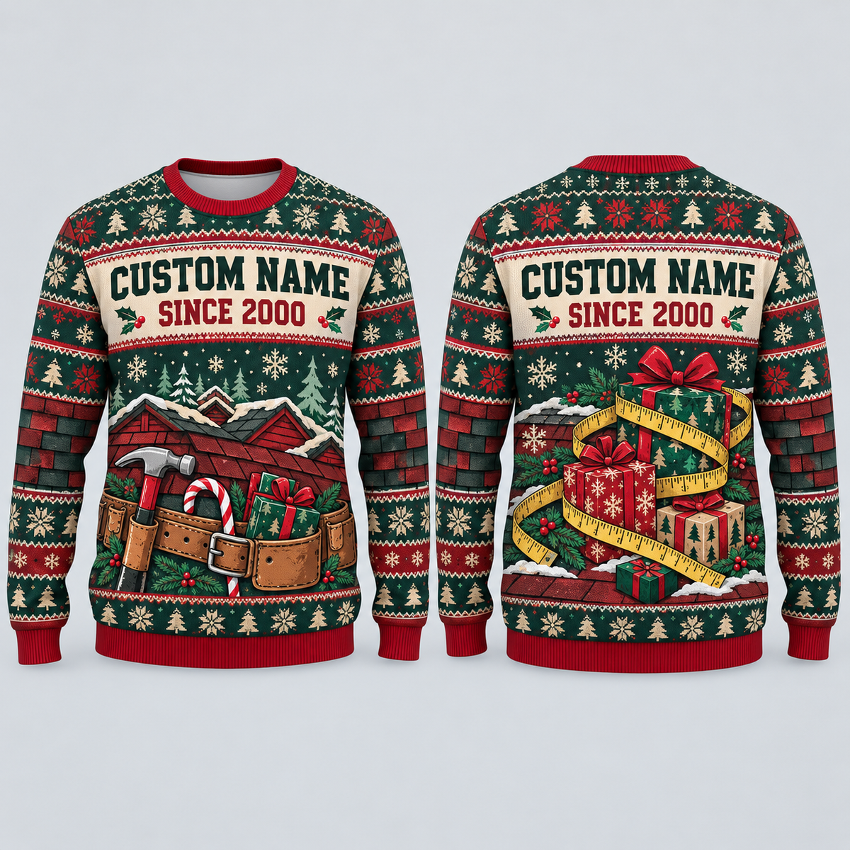 Personalized Roof Crew Holiday Toolbelt All-Over Print Crewneck Sweater: front and back design mockups with CUSTOM NAME and SINCE 2000
