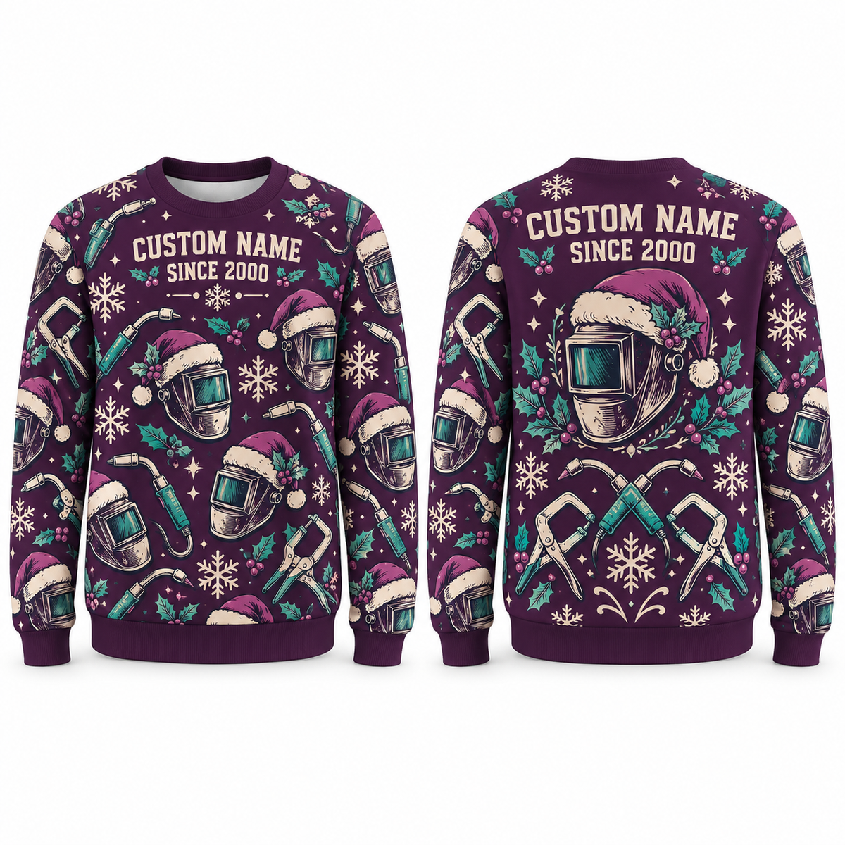 Personalized Welding Crew Holiday Repeat All-Over Print Crewneck Sweater: front and back design mockups with CUSTOM NAME and SINCE 2000