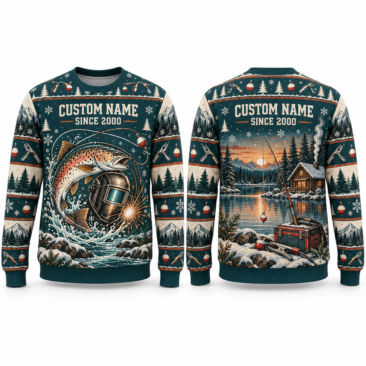 Personalized Welder Gone Fishing Christmas All-Over Print Crewneck Sweater: front and back design mockups with CUSTOM NAME and SINCE 2000