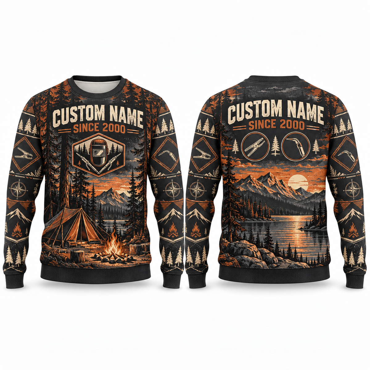 Personalized Welder Campfire Weekend All-Over Print Crewneck Sweater: front and back design mockups with CUSTOM NAME and SINCE 2000